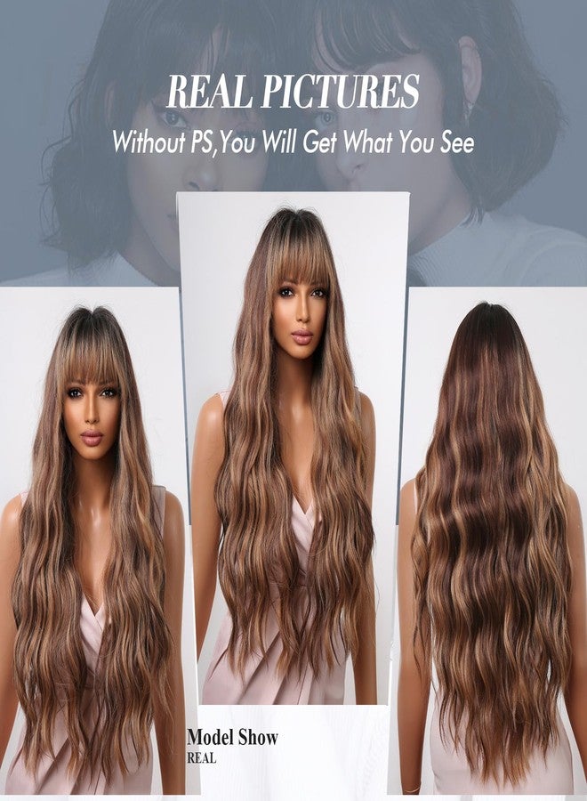 Allbell Long Wave Brown Highlight Wigs with Bangs for Women Synthetic Hair Dark Roots - Image 5